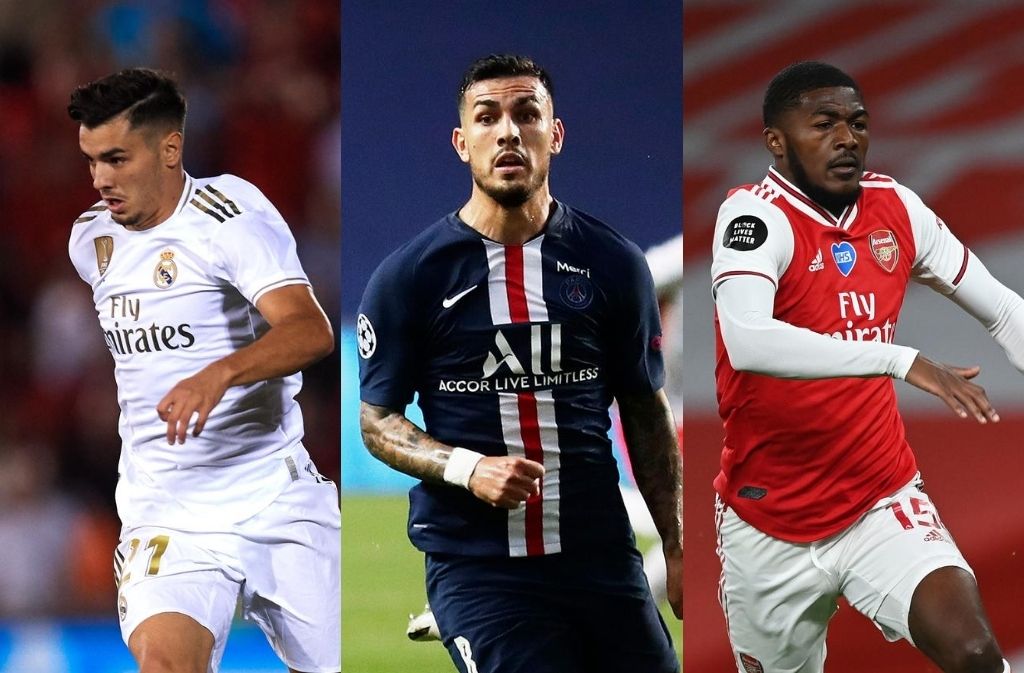 Brahim Diaz of Real Madrid, Leandro Paredes of Paris Saint-Germain, Ainsley Maitland-Niles of Arsenal