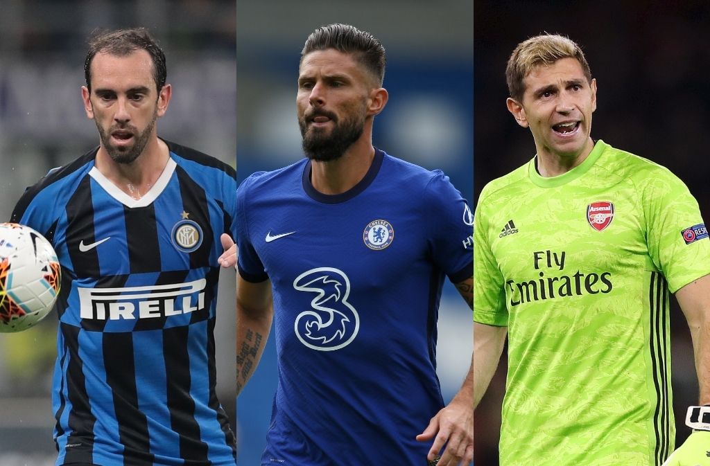 Diego Godin of Inter Milan, Olivier Giroud of Chelsea, Emiliano Martinez of Arsenal