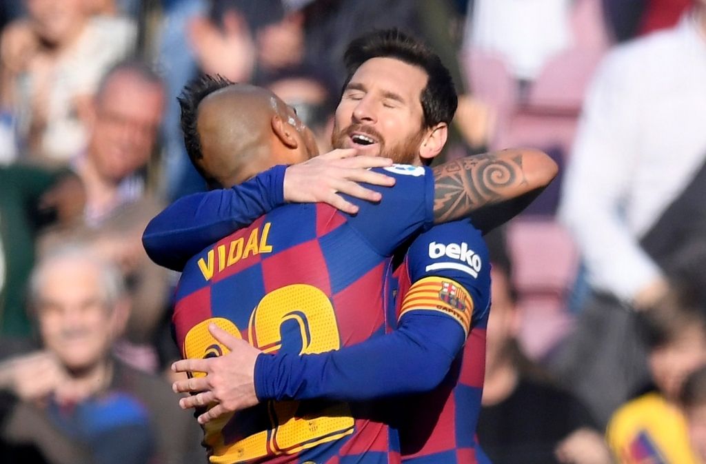 Arturo Vidal & Lionel Messi of FC Barcelona