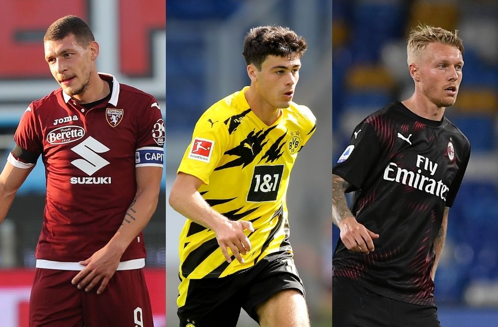 Andrea Belotti of Torino, Giovanni Reyna of Borussia Dortmund, Simon Kjaer of AC Milan
