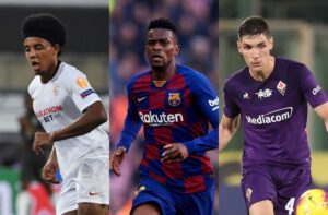 Jules Kounde of Sevilla, Nelson Semedo of FC Barcelona, Nikola Milenkovic of Fiorentina