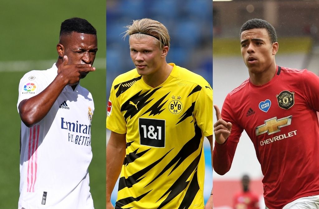 Vinicius Junior of Real Madrid, Erling Haaland of Borussia Dortmund, Mason Greenwood of Manchester United