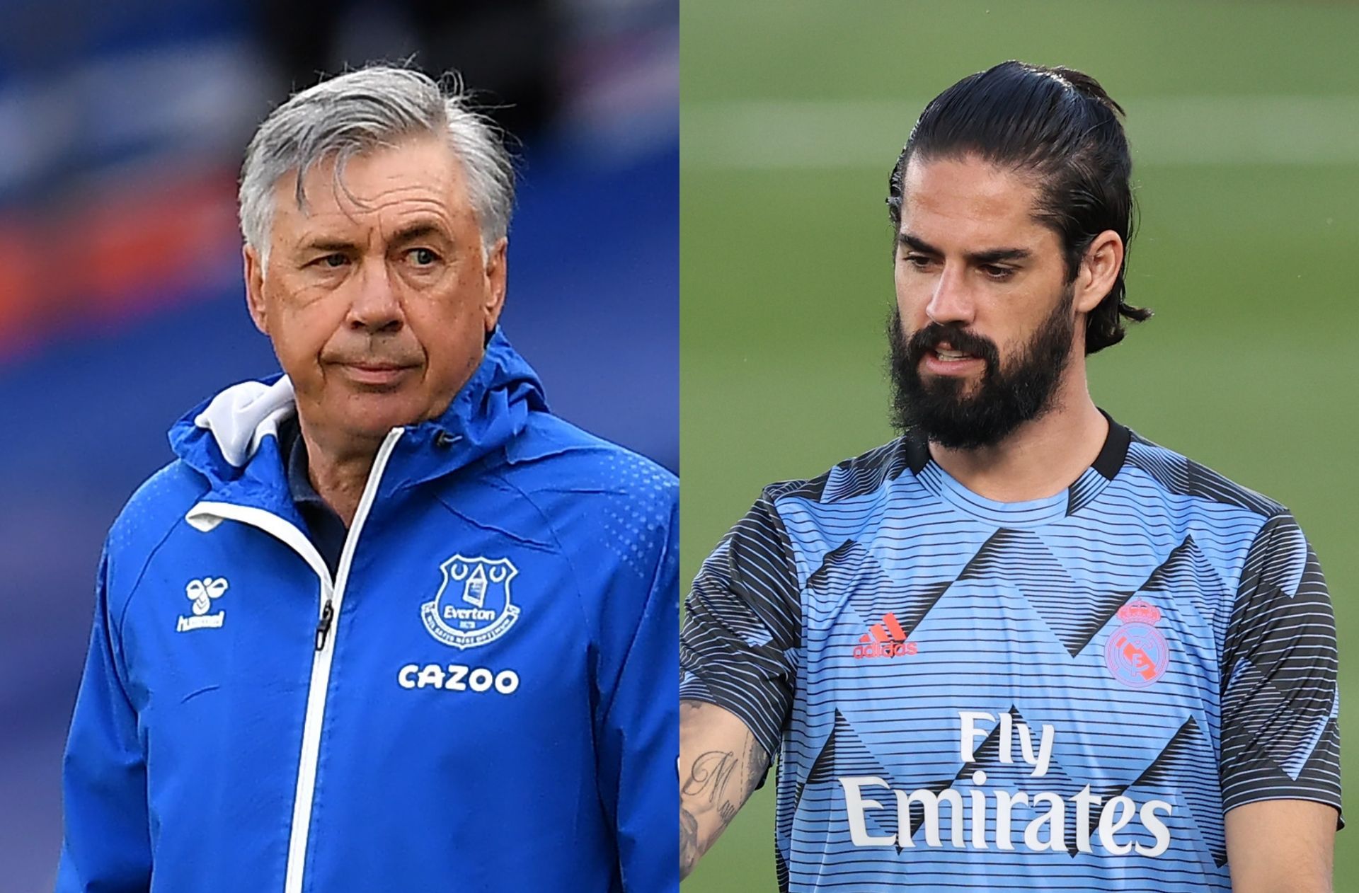 Carlo Ancelotti of Everton, Isco of Real Madrid