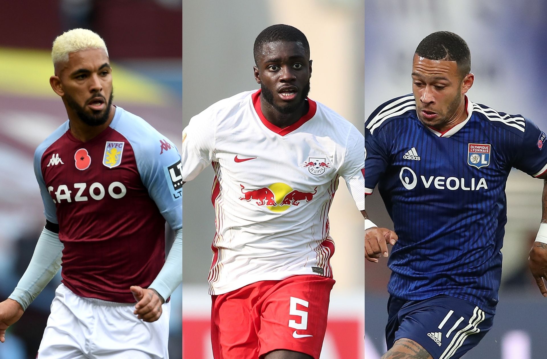 Douglas Luiz of West Ham, Dayot Upamecano of RB Leipzig, Memphis Depay of Olympique Lyon