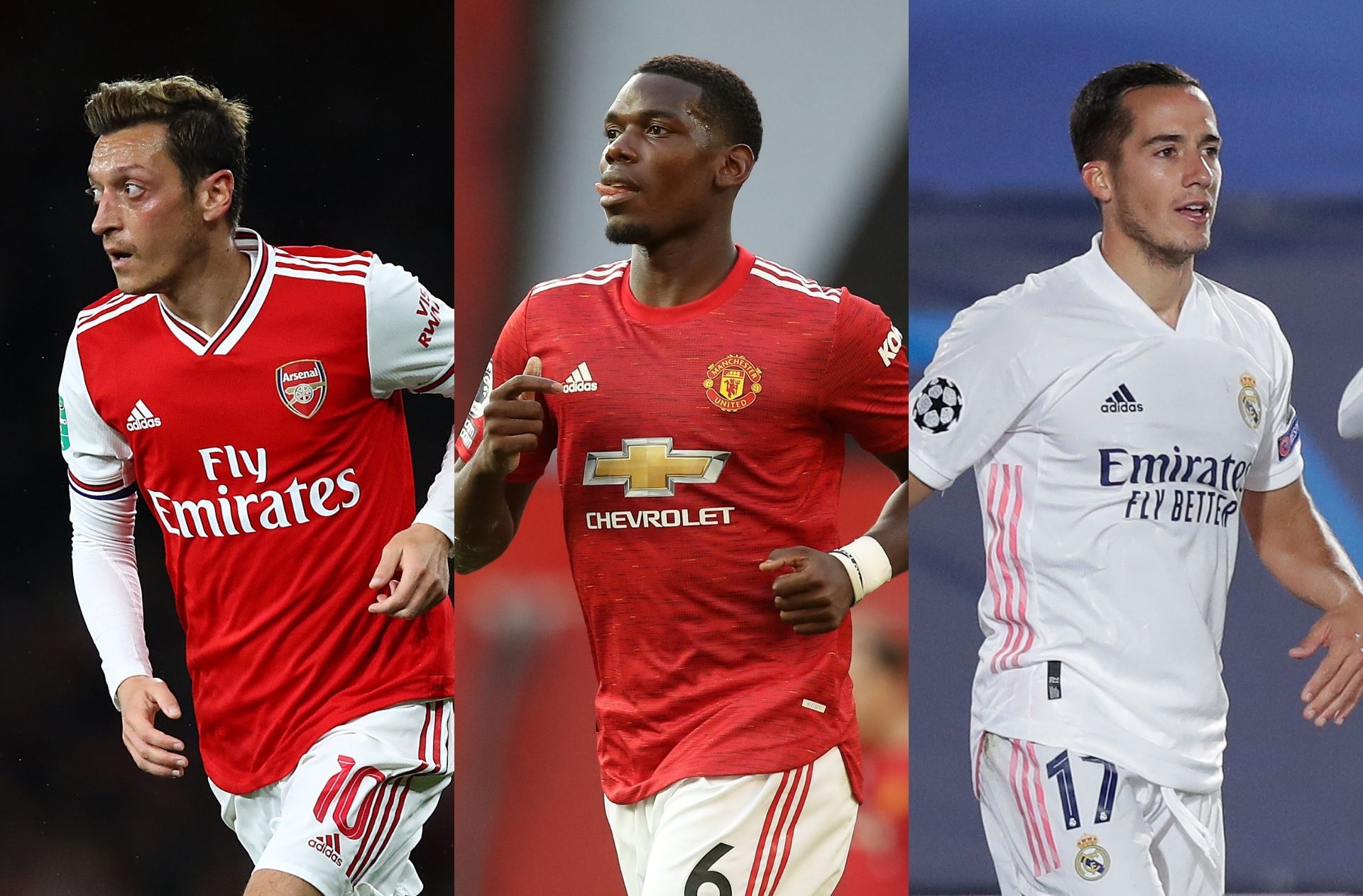 Mesut Ozil of Arsenal, Paul Pogba of Manchester United, Lucas Vazquez of Real Madrid
