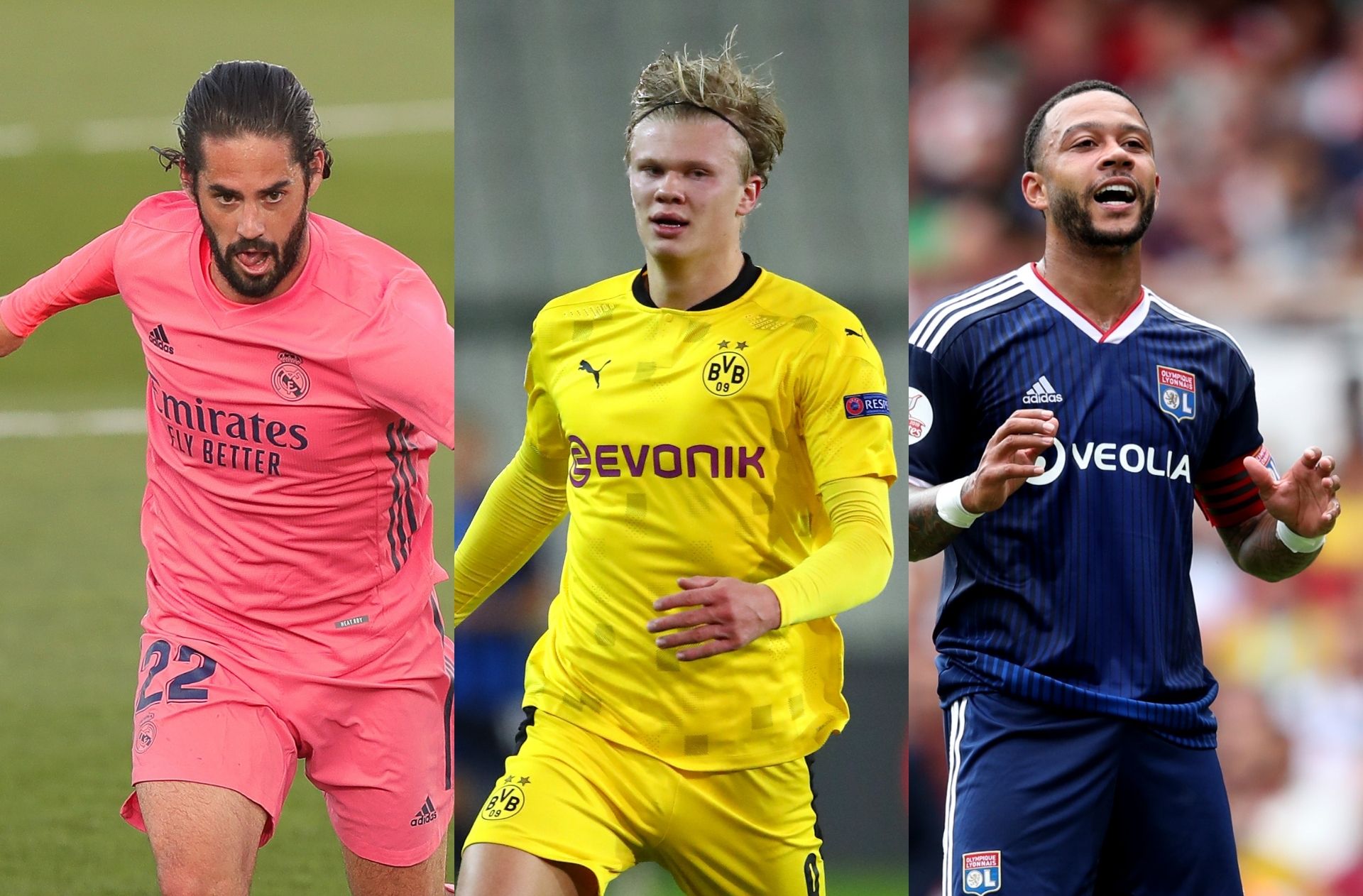 Isco of Real Madrid, Erling Haaland of Borussia Dortmund, Memphis Depay of Olympique Lyon
