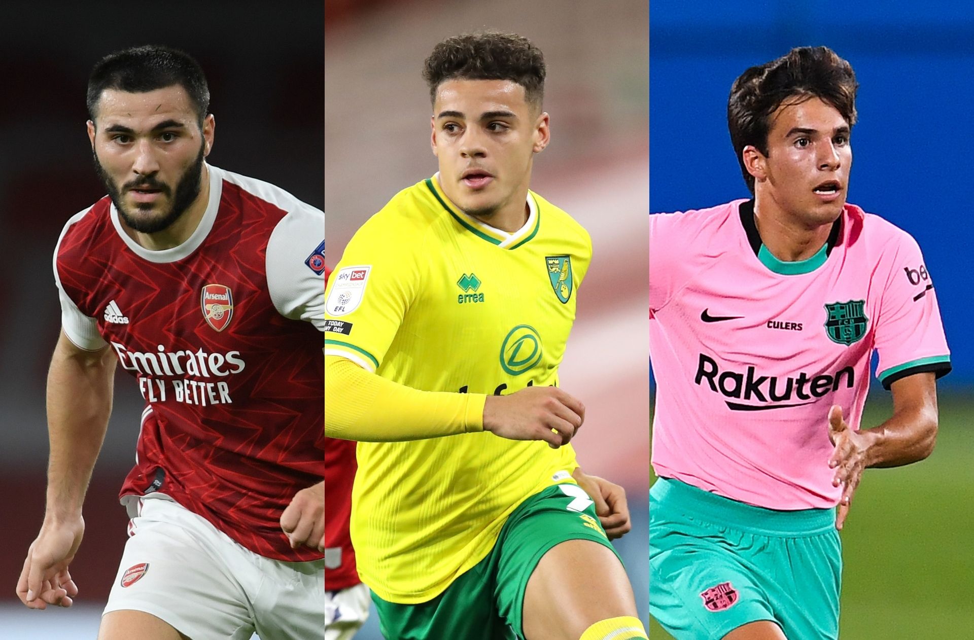 Saed Kolasinac of Arsenal, Max Aarons of Norwich City, Riqui Puig of FC Barcelona