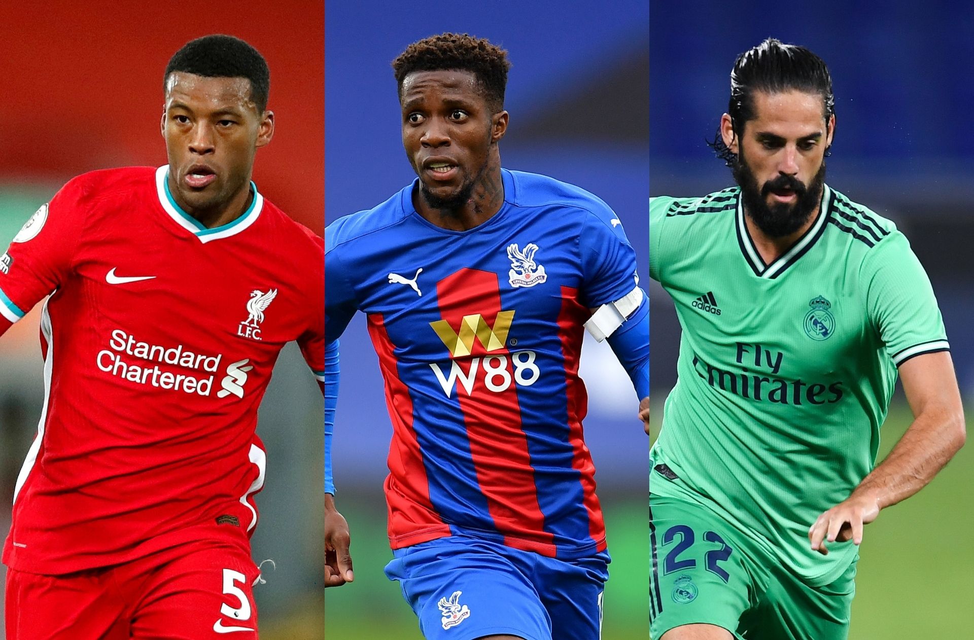 Georginio Wijnaldum of Liverool, Wilfried Zaha of Crystal Palace, Isco of Real Madrid