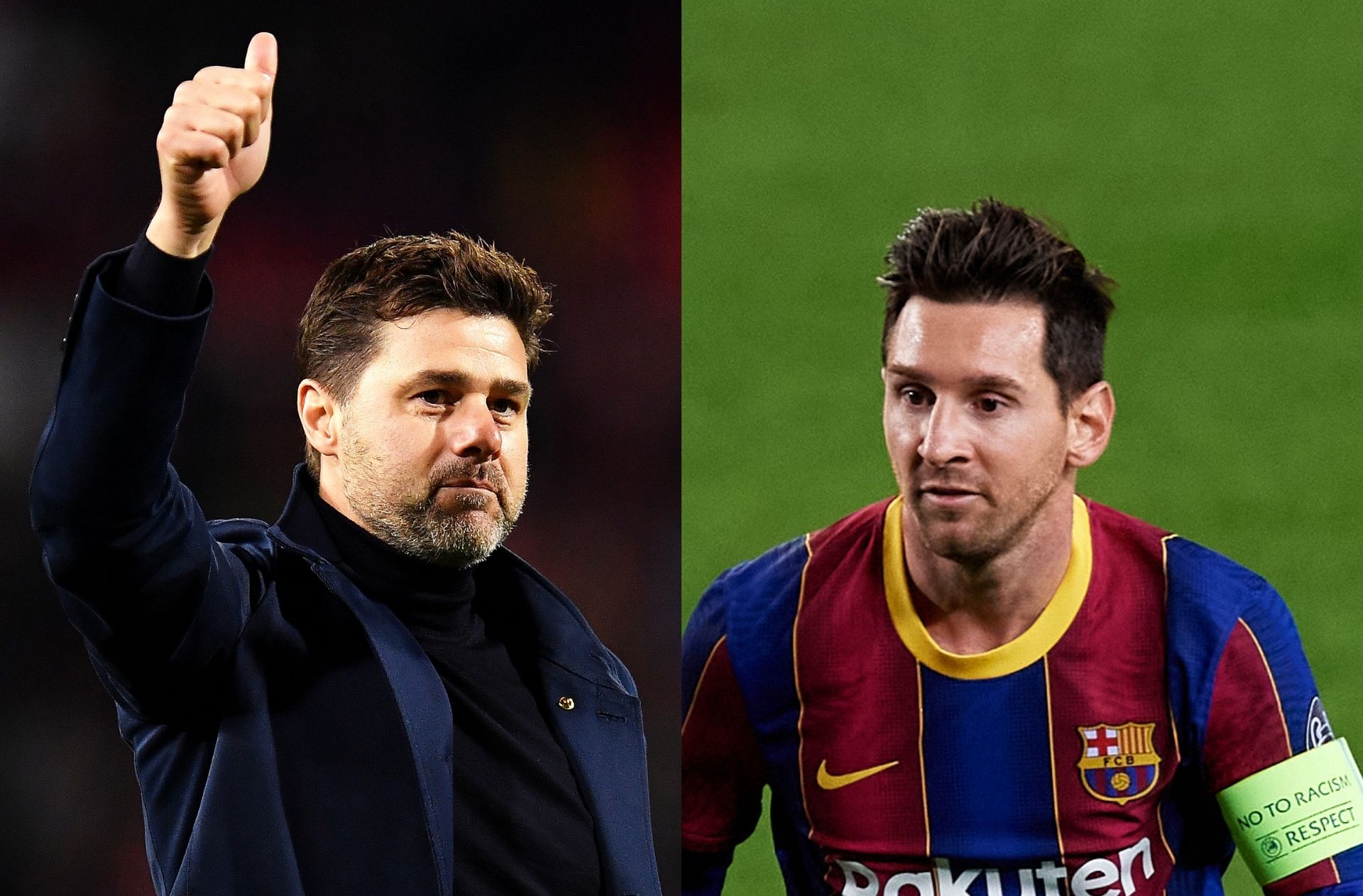 Mauricio Pochettino of Paris Saint-Germain, Lionel Messi of FC Barcelona