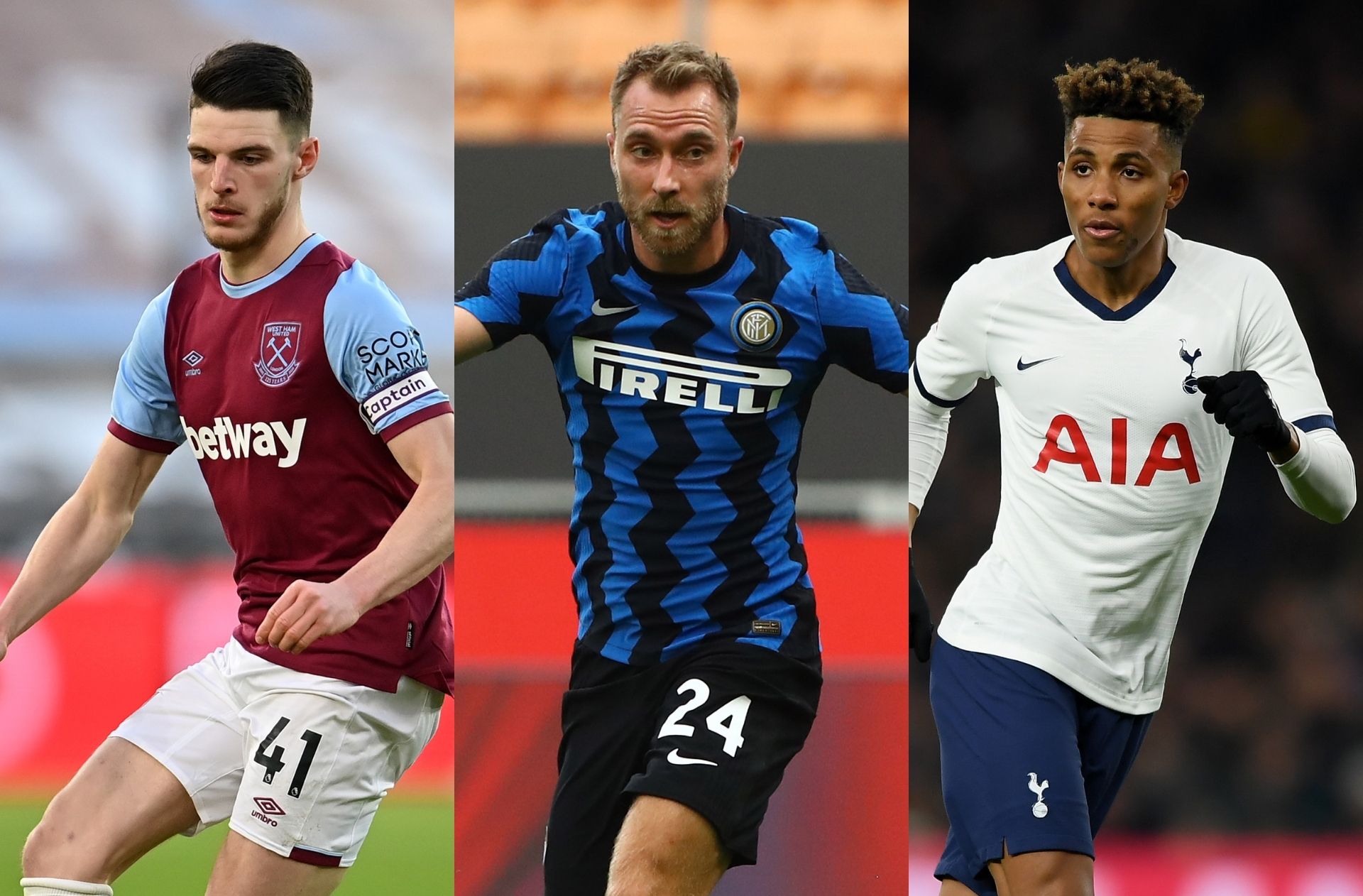 Declan Rice of West Ham, Christian Eriksen of Inter Milan, Gedson Fernandes of Tottenham