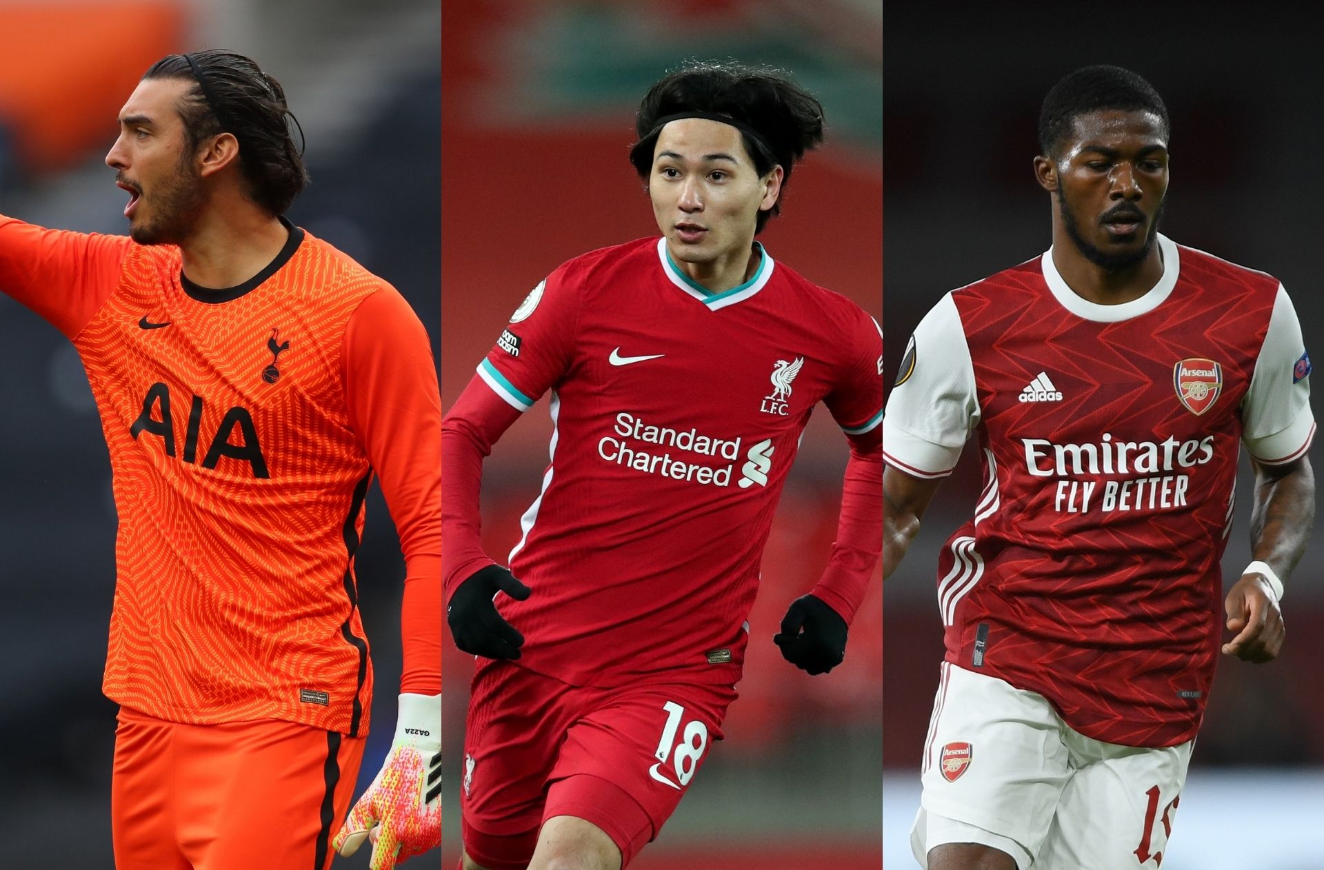 Paulo Gazzaniga of Tottenham, Takumi Minamino of Liverpool, Ainsley Maitland-Niles of Arsenal