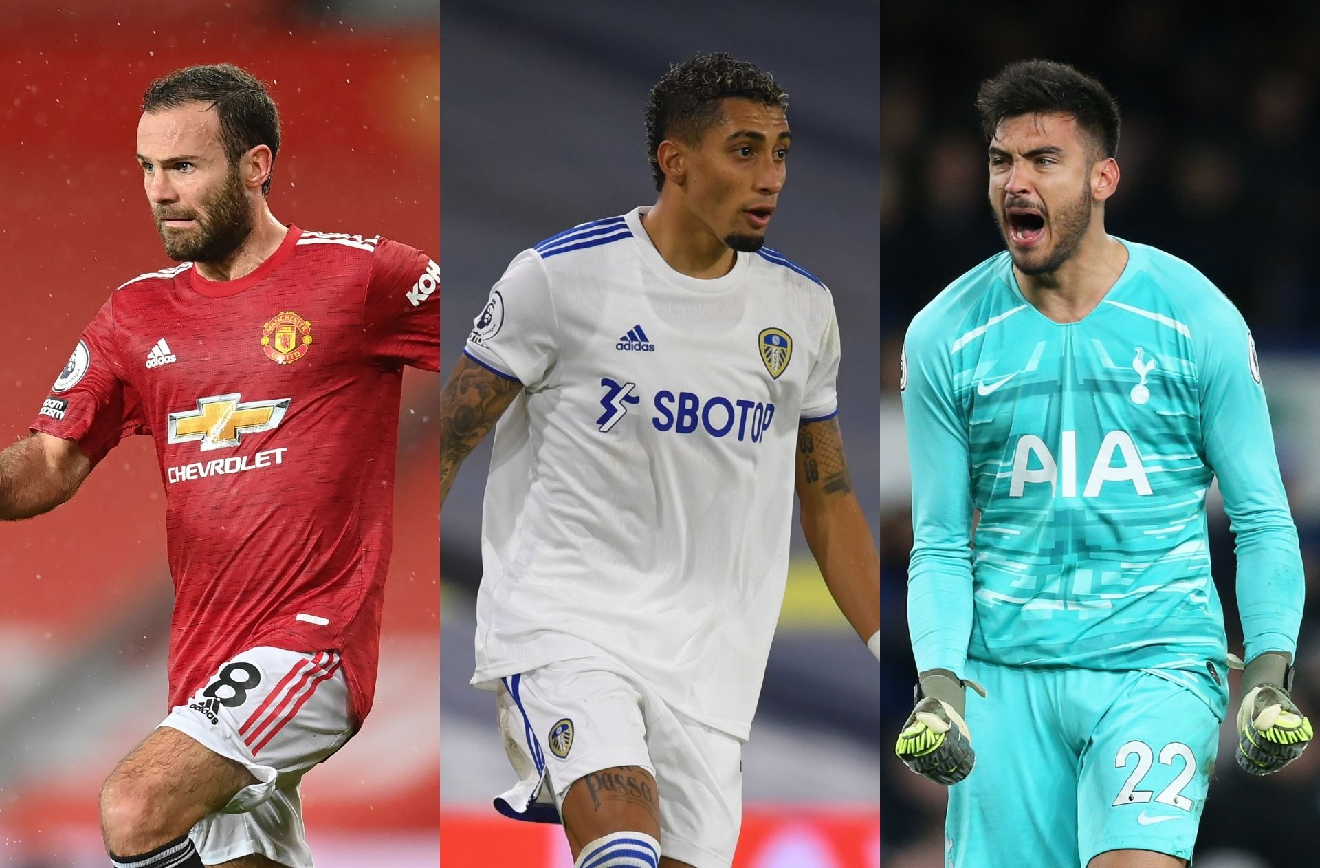 Juan Mata of Manchesteter United, Raphinha of Leeds United, Paulo Gazzaniga of Tottenham
