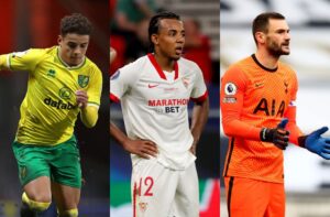 Max Aarons of Norwich City, Jules Kounde of Sevilla, Hugo Lloris of Tottenham