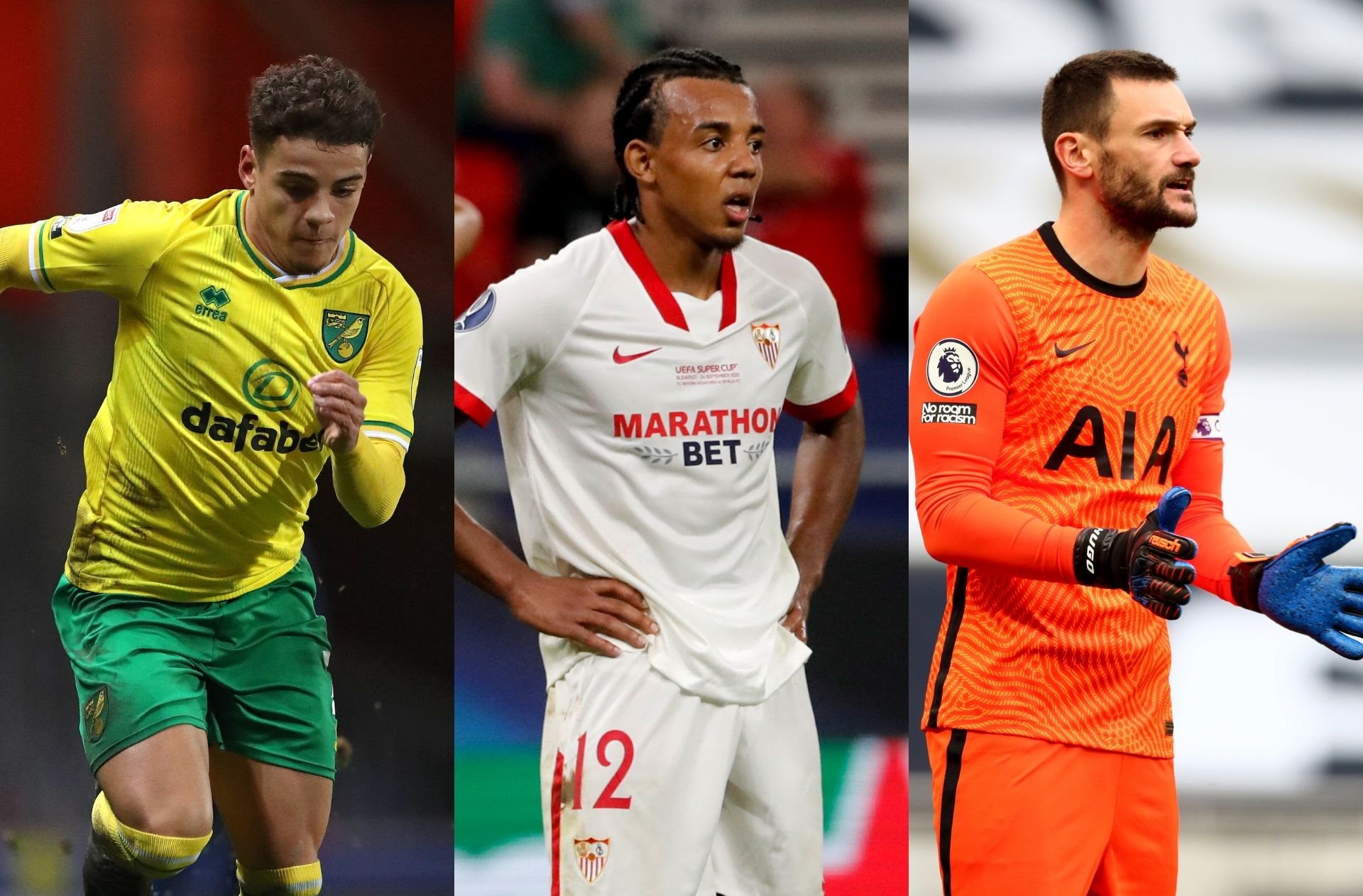 Max Aarons of Norwich City, Jules Kounde of Sevilla, Hugo Lloris of Tottenham