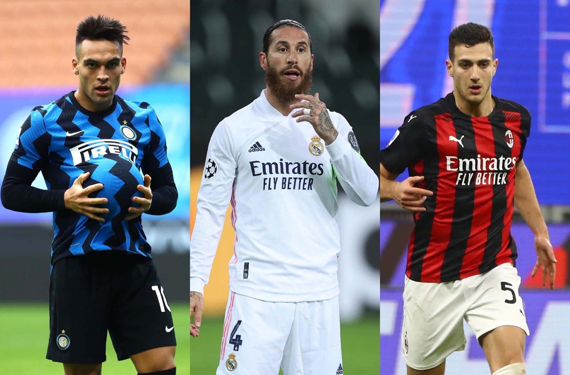 Lautaro Martinez of Inter Milan, Sergio Ramos of Real Madrid, Digo Dalot of AC Milan
