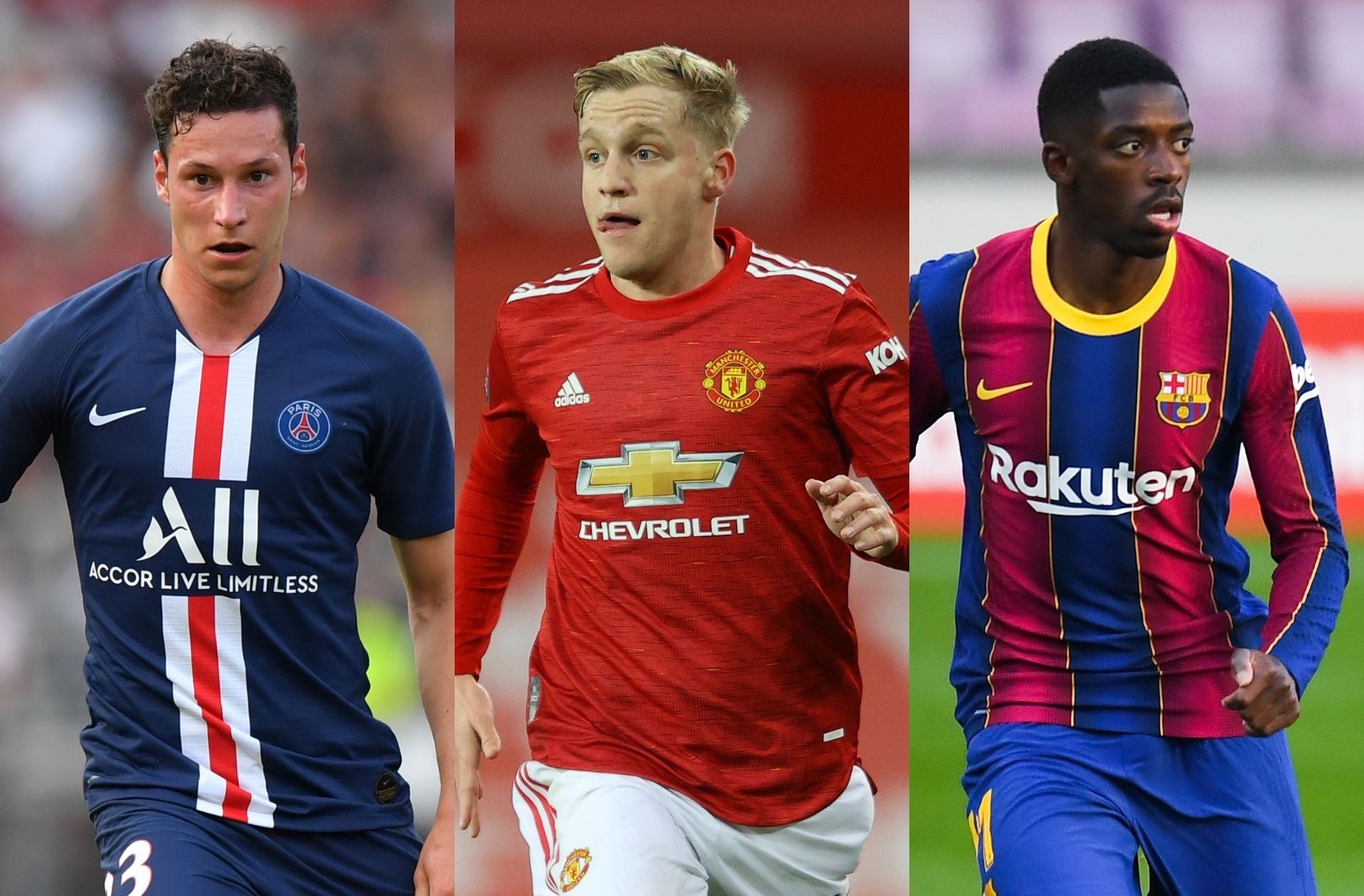 Julian Draxler of Paris Saint-Germain, Donny van de Beek of Manchester United, Ousmane Dembele of FC Barcelona