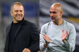 Hansi Flick of Bayern Munich, Pep Guardiola of Manchester City