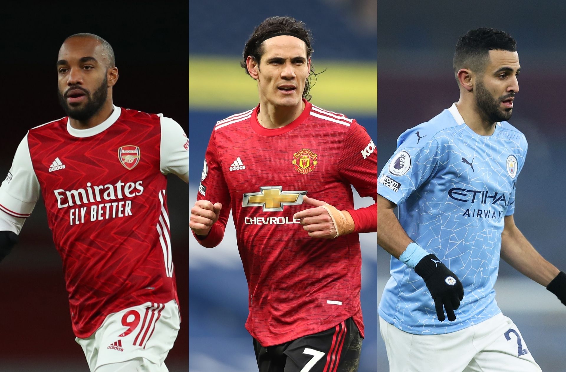 Alexandre Lacazette of Arsenal, Edinson Cavani of Manchester United, Riyad Mahrez of Manchester City
