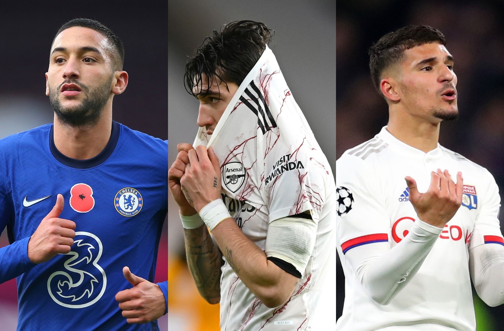 Hakim Ziyech of Chelsea, Hector Bellerin of Arsenal, Houssem Aouar of Lyon