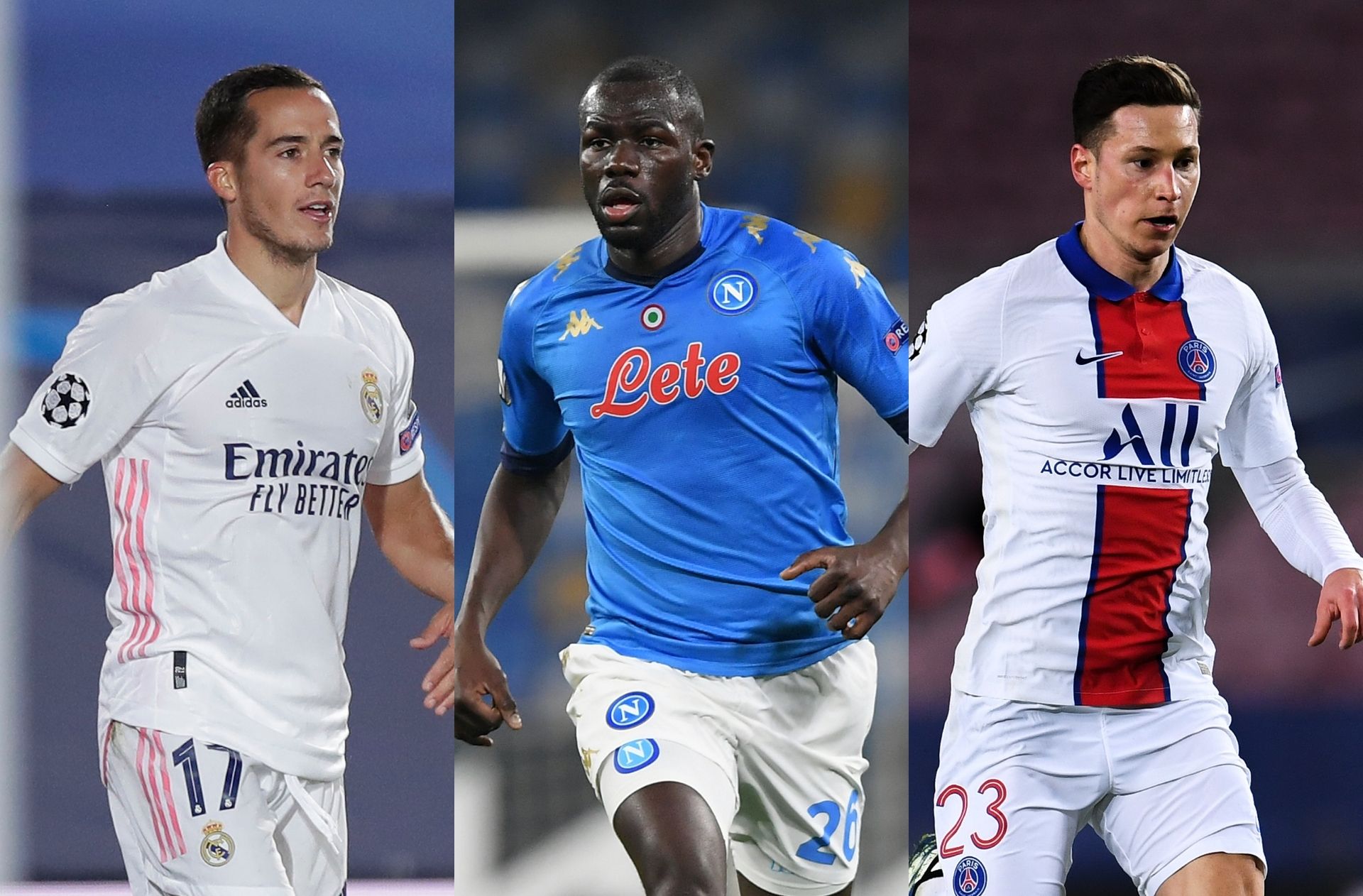 Lucas Vazquez of Real Madrid, Kalidou Koulibaly of Napoli, Julian Draxler of Paris Saint-Germain
