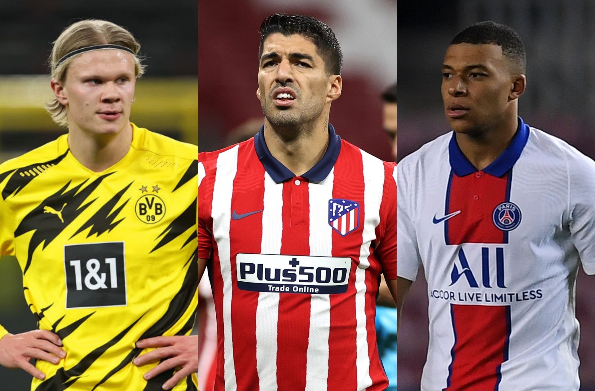 Erling Haaland, Luis Suarez, Kylian Mbappe