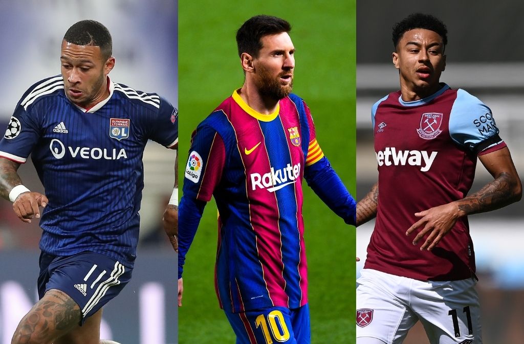 Memphis Depay of Olympique Lyon, Lionel Messi of FC Barcelona, Jesse Lingard of West Ham