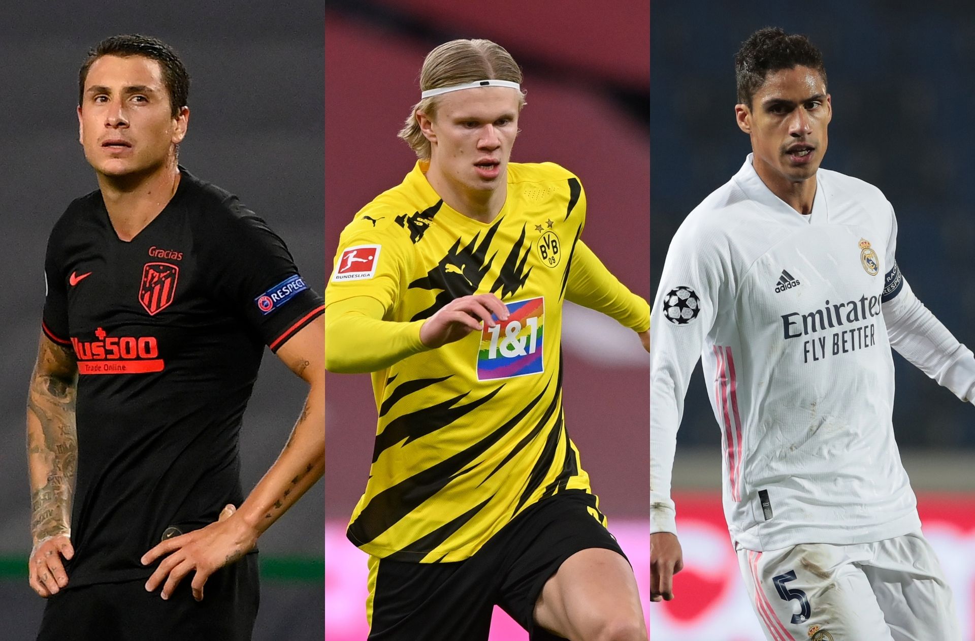 Jose Gimenez of Atletico Madrid, Erling Haaland of Borussia Dortmund, Raphael Varane of Real Madrid