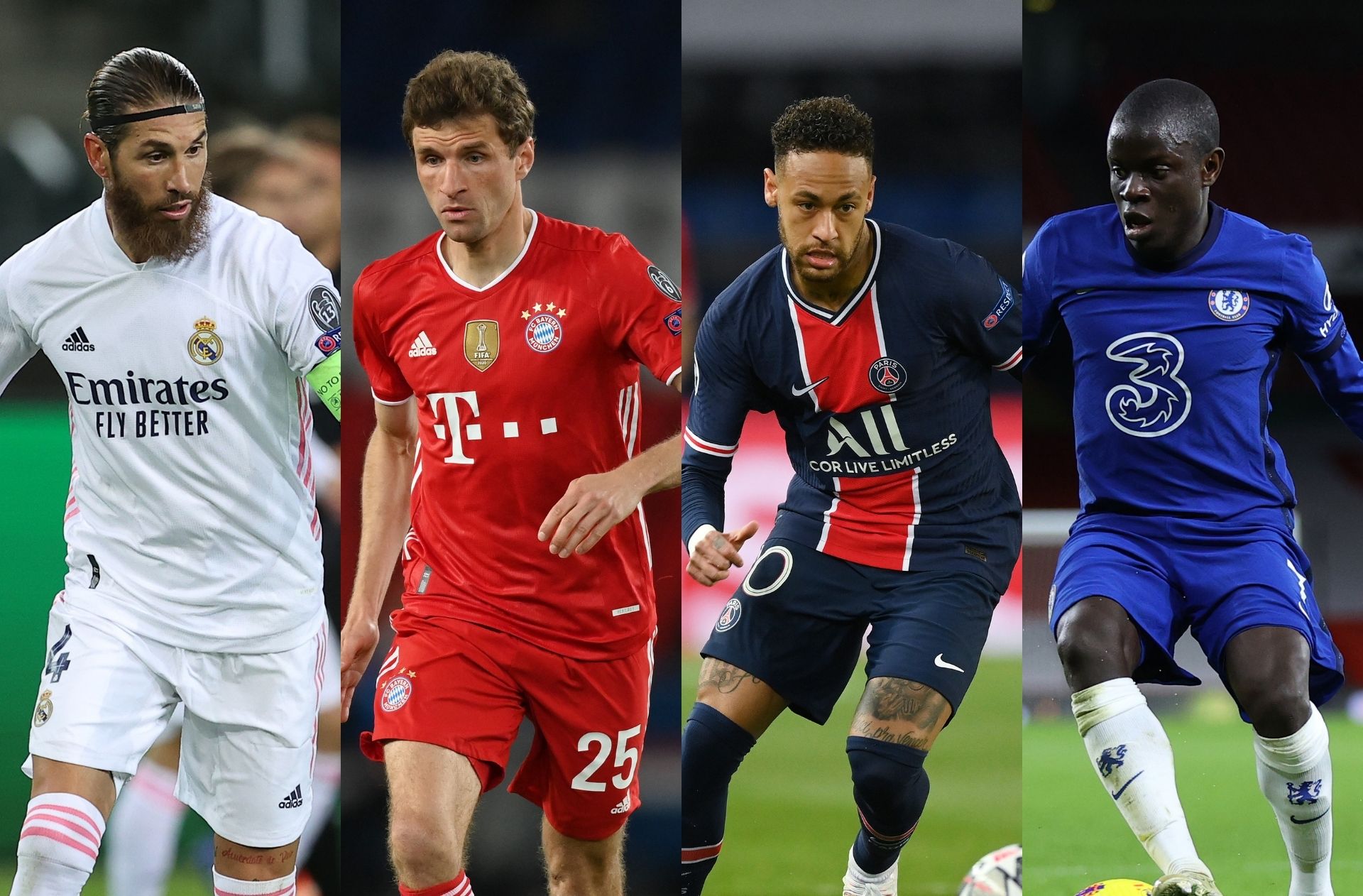 Sergio Ramos of Real Madrid, Thomas Muller of Bayern Munich, Neymar of PSG, N'Golo Kante of Chelse