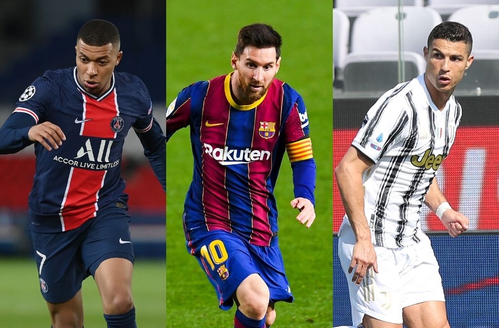 Kylian Mbappe of PSG, Lionel Messi of Barcelona, Cristiano Ronaldo of Juventus