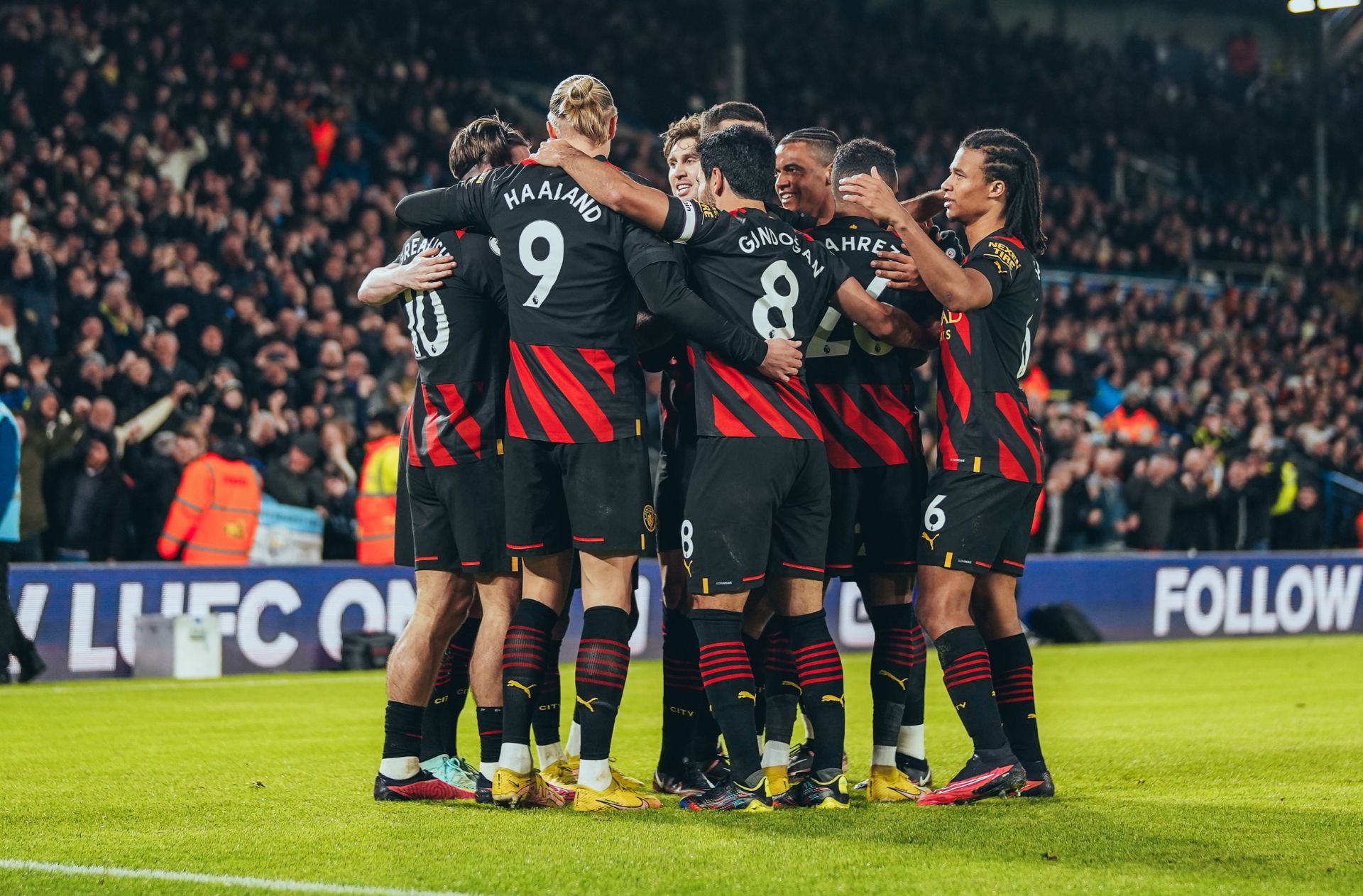 Manchester City celebrate a goal against Leeds