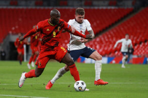 Romelu Lukaku, Belgien, og Kieran Trippier, England
