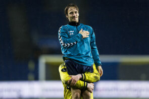 25-11-2012: Superliga Brøndby vs. AC Horsens - Mike Jensen, BIF Brøndby IF - Simon Makienok Christoffersen, BIF Brøndby IF. © Lars Rønbøg / Frontzonesport (Photo by Lars Ronbog/FrontzoneSport via Getty Images)
