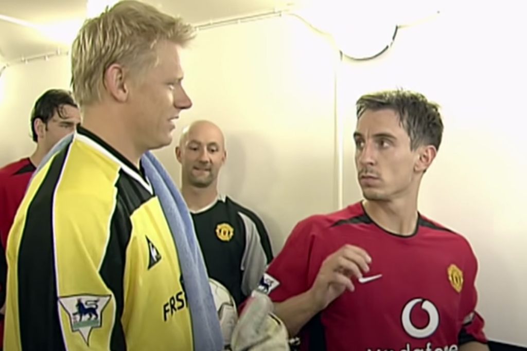 Peter Schmeichel, Manchester City, og Gary Neville, Manchester United